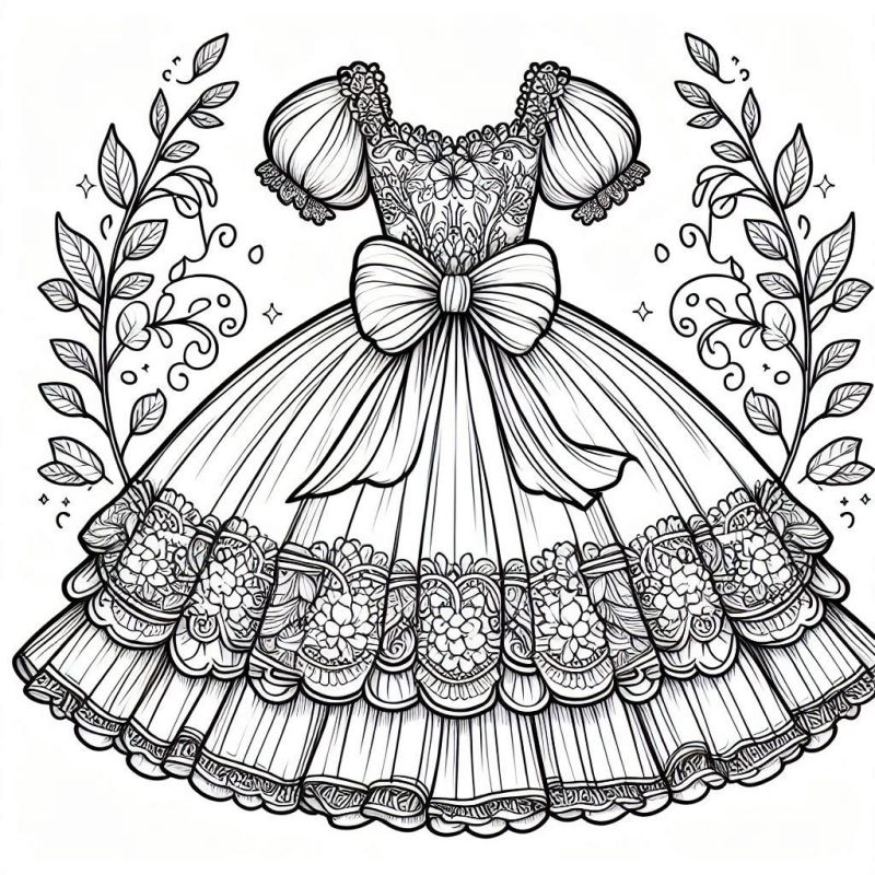 Desenho de vestido elegante clássico com detalhes intricados e saia volumosa para colorir