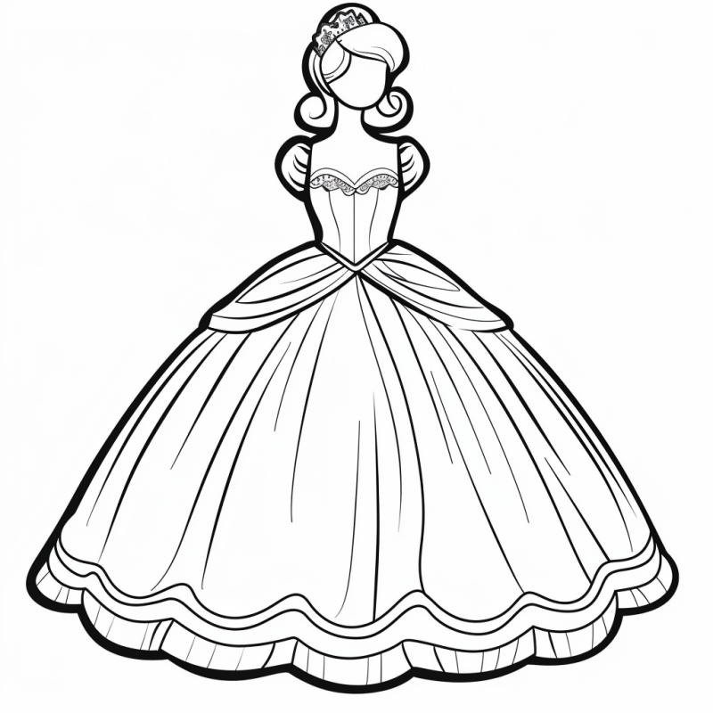 Desenho de vestido de boneca estilo princesa para colorir com detalhes elegantes