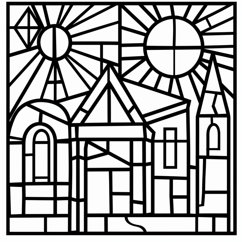 Mosaico estilo vitral com igreja e elementos celestes para colorir