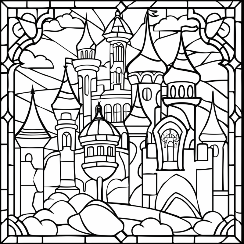 Desenho de Vitral de Castelo Mágico para Colorir