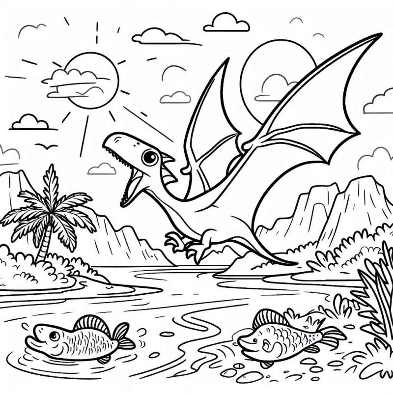 Desenho de Pterodáctilo Voando sobre Rio com Montanhas e Peixes para Colorir