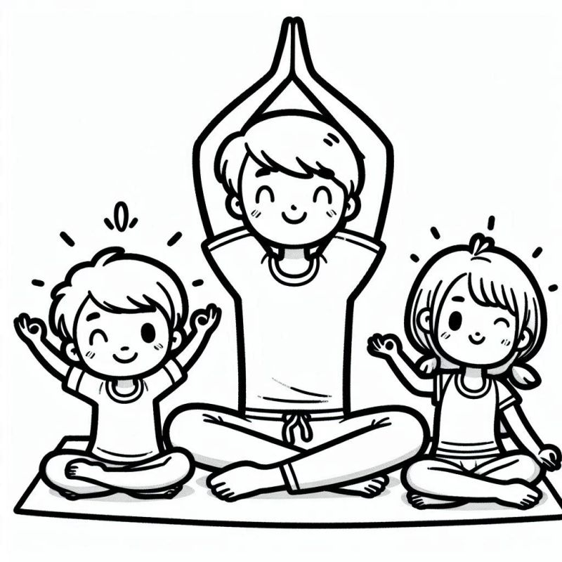 Desenho de Família Praticando Yoga para Colorir