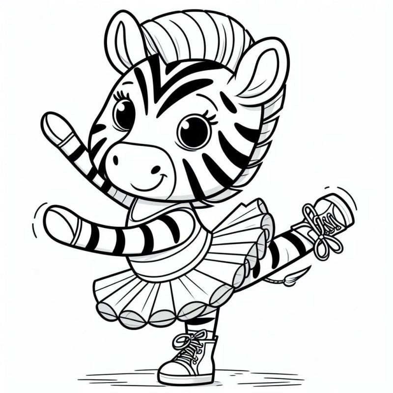 Desenho de uma alegre zebra bailarina em tênis esportivos para colorir