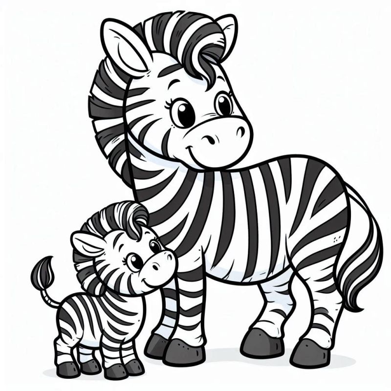 Desenho em preto e branco de uma zebra adulta e seu filhote para imprimir e colorir